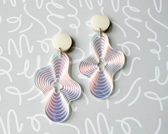 Frosted iridescent abstract statement earrings, modern plastic jewelry, laser cut iridescent earrings, lightweight acrylic earrings