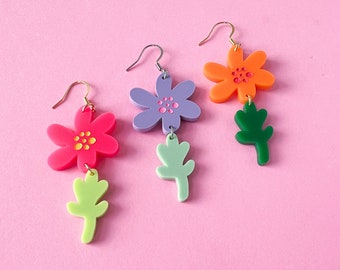 Quirky colorful flower dangle earrings, pink floral jewelry, purple flower earrings, orange flower dangle, cute spring earrings