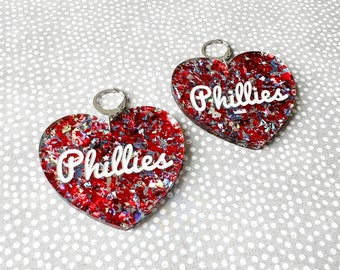 Phillies baseball earrings, Phillies glitter acrylic earrings, Philly pride, Philly sports fan, sports fan gift, glitter heart jewelry