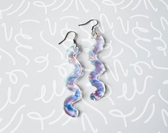 Iridescent squiggle dangle earring, statement textured wiggle dangle, unique iridescent jewelry, lightweight earrings, gifts for her