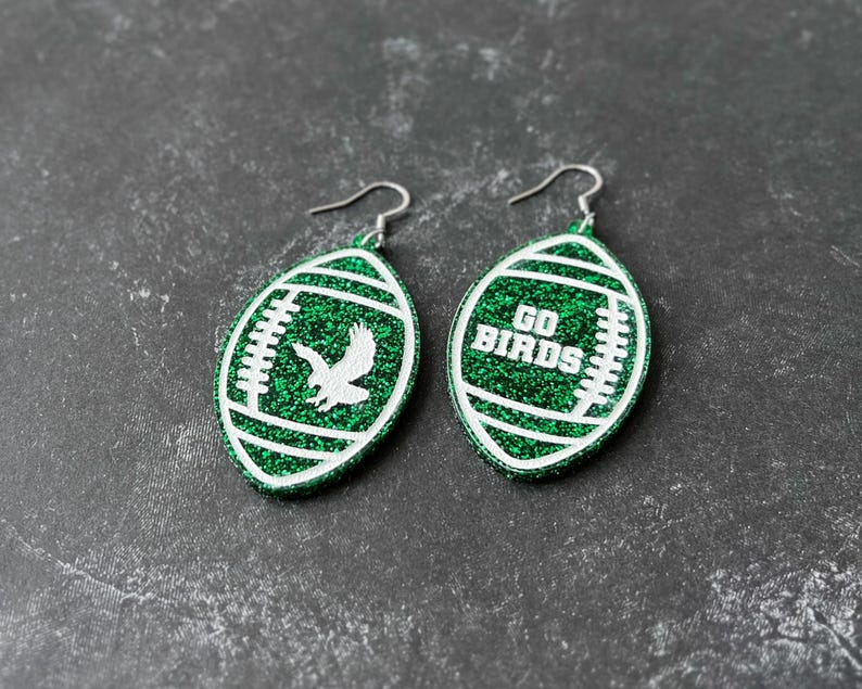 Green Glitter Eagles Earrings, Hand Painted Acrylic, Philly Football Gift zdjęcie 4