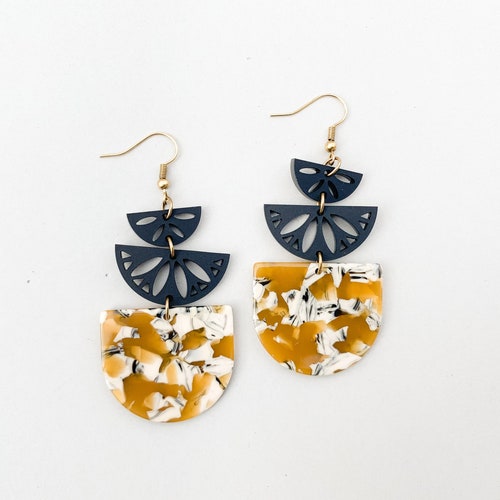 Mustard Yellow Statement Earrings Black Acrylic Earrings Etsy