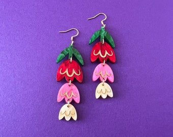 Tiered Tulip Earrings, Pearl Acrylic Flower Dangle, Gold Painted, Spring Statement Jewelry