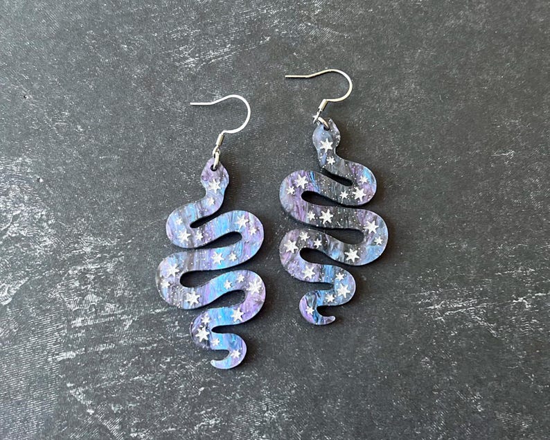 Celestial snake statement dangle earrings, purple star snake earrings, green snake jewelry, witchy accessories, acrylic halloween earrings zdjęcie 8