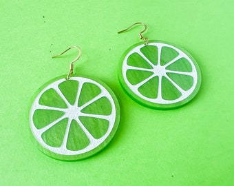 Acrylic lime slice earrings, lime green circle earrings, summer jewelry, fruit jewelry, lightweight earrings