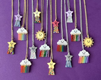 Cute acrylic kids necklaces, rainbow glitter necklace, shooting star jewelry, happy sun pendant