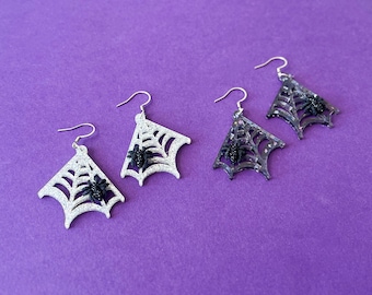 Spooky spider web statement dangle earrings, glitter spider jewelry, acrylic web lightweight earrings, iridescent halloween earrings