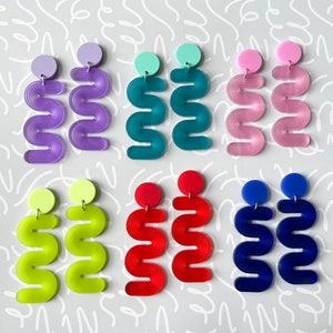 Mini colorful squiggle earrings, funky acrylic statement jewelry, rainbow plastic earrings, laser cut earrings, summer earrings image 1