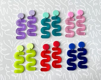 Mini colorful squiggle earrings, funky acrylic statement jewelry, rainbow plastic earrings, laser cut earrings, summer earrings