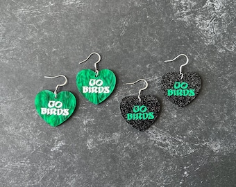 Eagles Heart Earrings, Green Glitter, Philly Football Jewelry