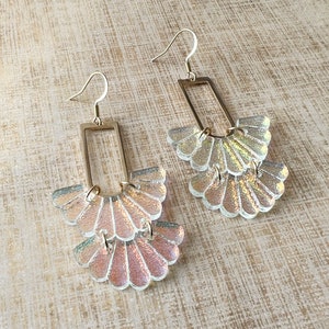 Iridescent dangle earrings, brass chic statement earrings