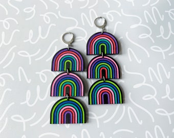 Neon hand painted rainbow earrings, multicolor statement earrings, colorful party earrings, bright semicircle jewelry, laser cut earrings