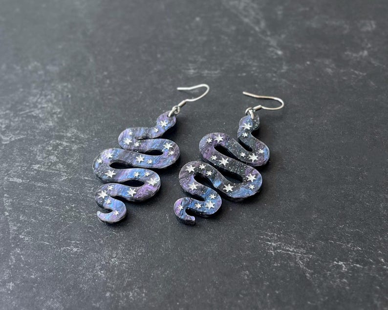 Celestial snake statement dangle earrings, purple star snake earrings, green snake jewelry, witchy accessories, acrylic halloween earrings zdjęcie 6