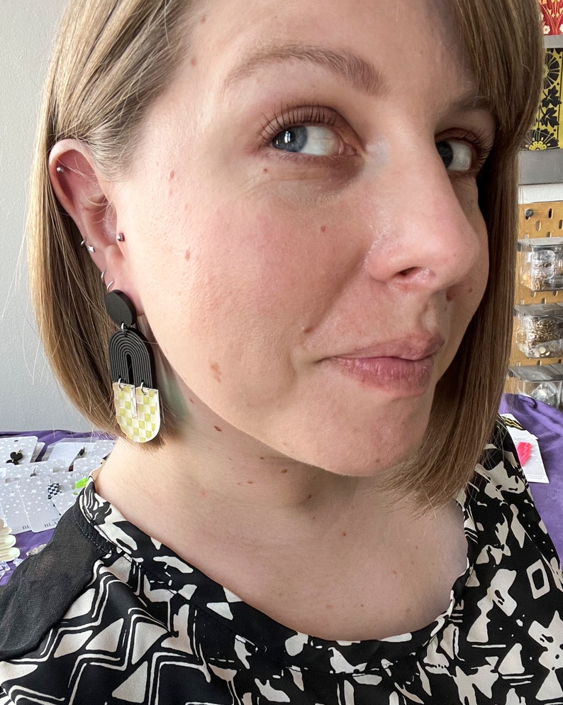 Iridescent checkerboard earrings, matte black jewelry, laser cut acrylic statement earrings, funky earrings, lightweight earrings image 3