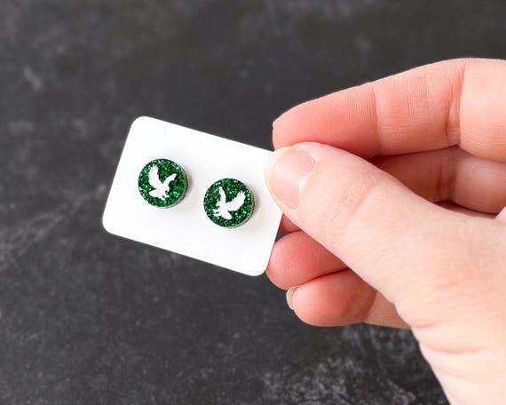 Green glitter eagles stud earring, Philly football fan gift, Eagles football sports earrings, Philly pride earrings