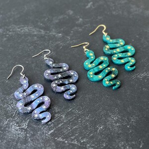 Celestial snake statement dangle earrings, purple star snake earrings, green snake jewelry, witchy accessories, acrylic halloween earrings zdjęcie 2