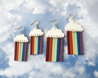 Rainbow cloud earrings, muted color jewelry, acrylic rainbow jewelry, acrylic statement earrings, colorful earrings, cloud earrings