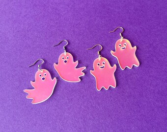 Iridescent acrylic ghost earrings, happy cute ghost dangles, Halloween flying ghost jewelry, lightweight earrings, spooky gift