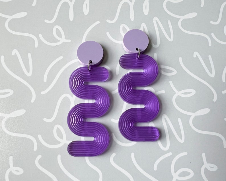 Mini colorful squiggle earrings, funky acrylic statement jewelry, rainbow plastic earrings, laser cut earrings, summer earrings Purple