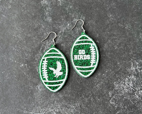 Green Glitter Eagles Earrings, Hand Painted Acrylic, Philly Football Gift