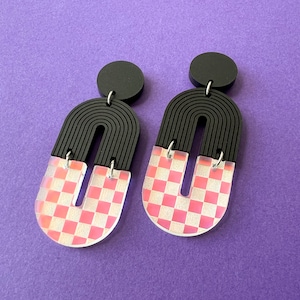 Iridescent checkerboard earrings, matte black jewelry, laser cut acrylic statement earrings, funky earrings, lightweight earrings image 4