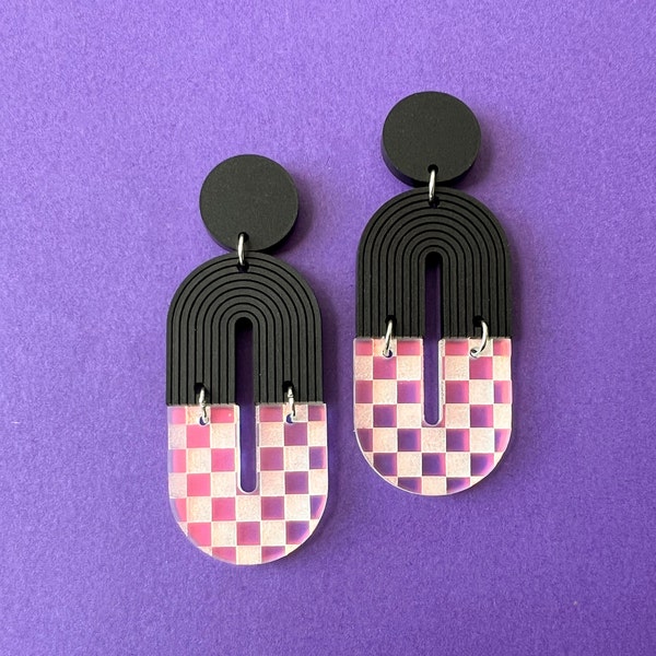 Iridescent checkerboard earrings, matte black jewelry, laser cut acrylic statement earrings, funky earrings, lightweight earrings