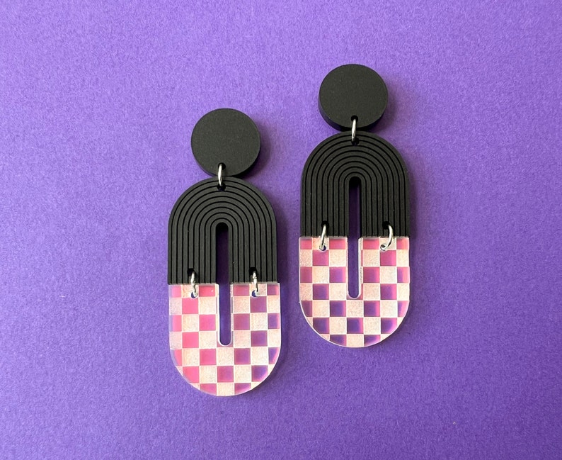 Iridescent checkerboard earrings, matte black jewelry, laser cut acrylic statement earrings, funky earrings, lightweight earrings image 1