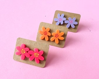 Quirky flower studs, hot pink flower stud earrings, spring statement studs, lightweight earrings, cute floral earrings, best friend gift