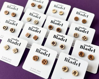 Wood circle stud earring, vintaged inspired jewelry, floral earrings, stainless steel