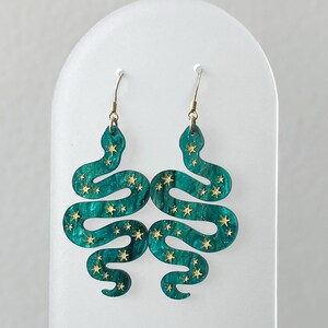 Celestial snake statement dangle earrings, purple star snake earrings, green snake jewelry, witchy accessories, acrylic halloween earrings Emerald pearl