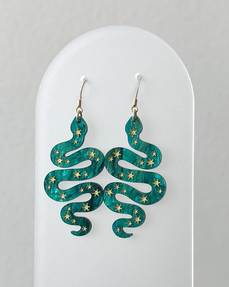 Celestial snake statement dangle earrings, purple star snake earrings, green snake jewelry, witchy accessories, acrylic halloween earrings Emerald pearl