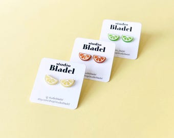 Hand Painted Citrus Slice Stud Earrings, Marbled Acrylic Fruit Jewelry