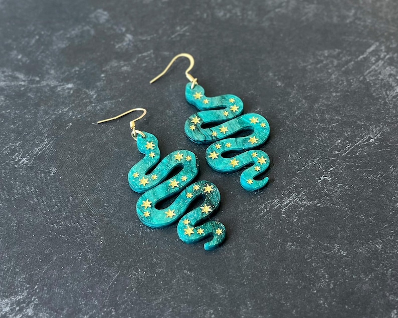 Celestial snake statement dangle earrings, purple star snake earrings, green snake jewelry, witchy accessories, acrylic halloween earrings zdjęcie 3