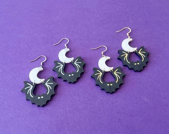 Classy bat and moon pearl acrylic earrings, crescent moon earrings, hand painted spooky halloween jewelry, witchy statement earrings