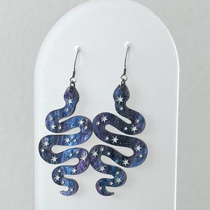 Celestial snake statement dangle earrings, purple star snake earrings, green snake jewelry, witchy accessories, acrylic halloween earrings Space pearl