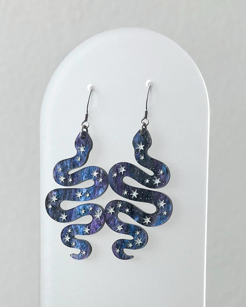Celestial snake statement dangle earrings, purple star snake earrings, green snake jewelry, witchy accessories, acrylic halloween earrings Space pearl