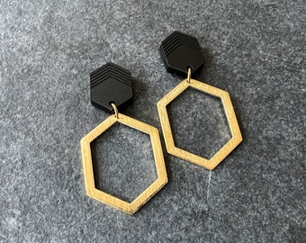 Brass hexagon earrings, matte black hexagon jewelry, chic modern earrings, black stud back, laser cut earrings, lightweight earrings