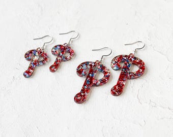 Phillies 'P' Glitter Acrylic Dangle Earrings, Baseball Fan Gift