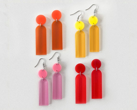 Colorful Geometric Earrings, Red Acrylic Jewelry, Pink Plastic