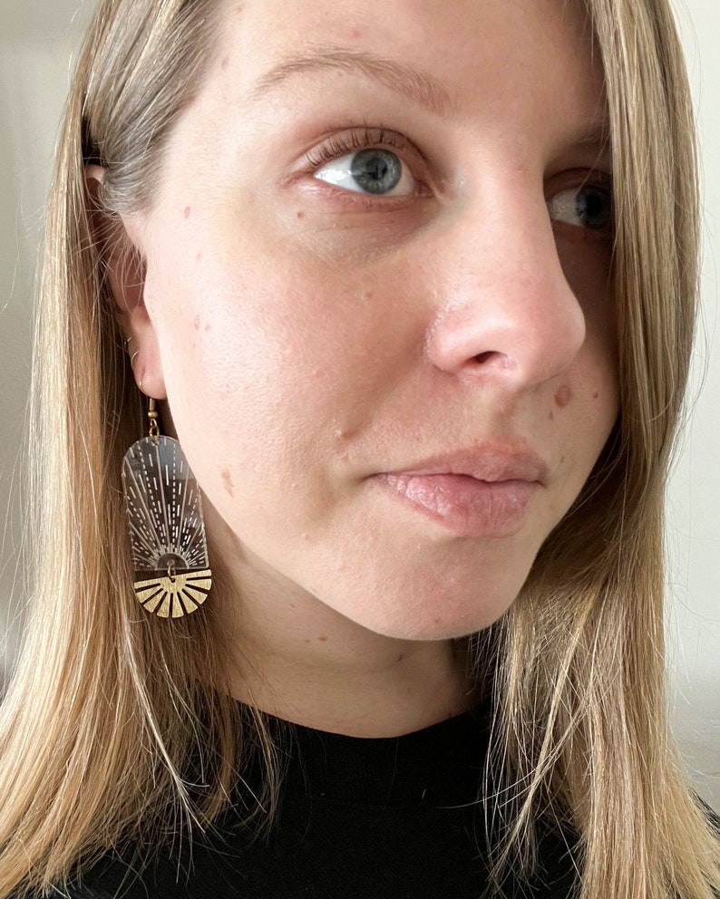 Celestial statement earrings, brass sun jewelry, acrylic dangle earrings, laser cut jewelry, sunburst earrings image 2