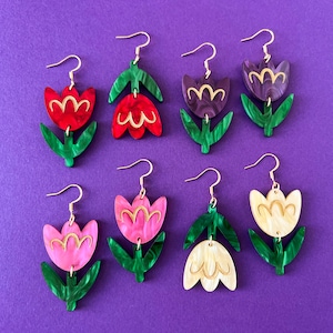 Colorful tulip statement earrings, spring acrylic flower earrings, floral jewelry, hand painted earrings, whimsical spring jewelry