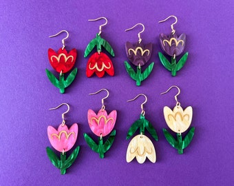 Colorful tulip statement earrings, spring acrylic flower earrings, floral jewelry, hand painted earrings, whimsical spring jewelry