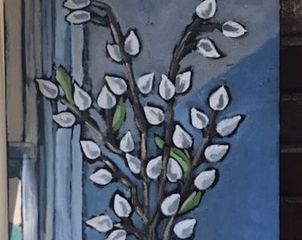 Pussy Willows Floral Vase Painting, Original Art