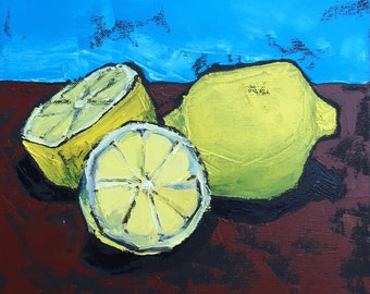 Lemon Still Life Oil Painting on Canvas, 12x12"