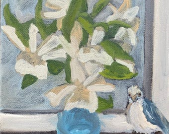 Gardenias Still Life Painting, Blue Vase, Floral Art