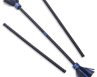 May include: Two long, black, textured rods with blue and black fringed ends, accompanied by a separate, matching black textured rod. Each rod features a spiral-wrapped design along its length, with a blue band accenting the base of the fringe.