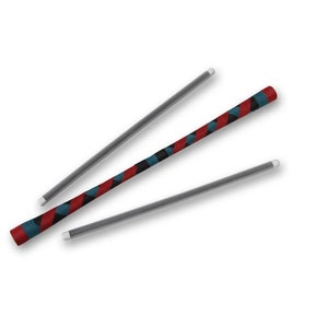 May include: Three wooden dowels, one with a red and blue patterned wrap. The dowels are used for juggling.