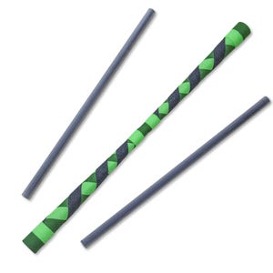 May include: Three cylindrical rods are displayed. Two rods are solid matte gray. The third rod features a vibrant green and dark gray textured wrap applied in a diagonal, repeating pattern along its entire length, creating a distinct visual contrast.