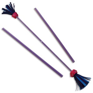 May include: Three purple wands with blue and black tassels on the ends. The tassels are made of fabric and have a red leather piece at the top.