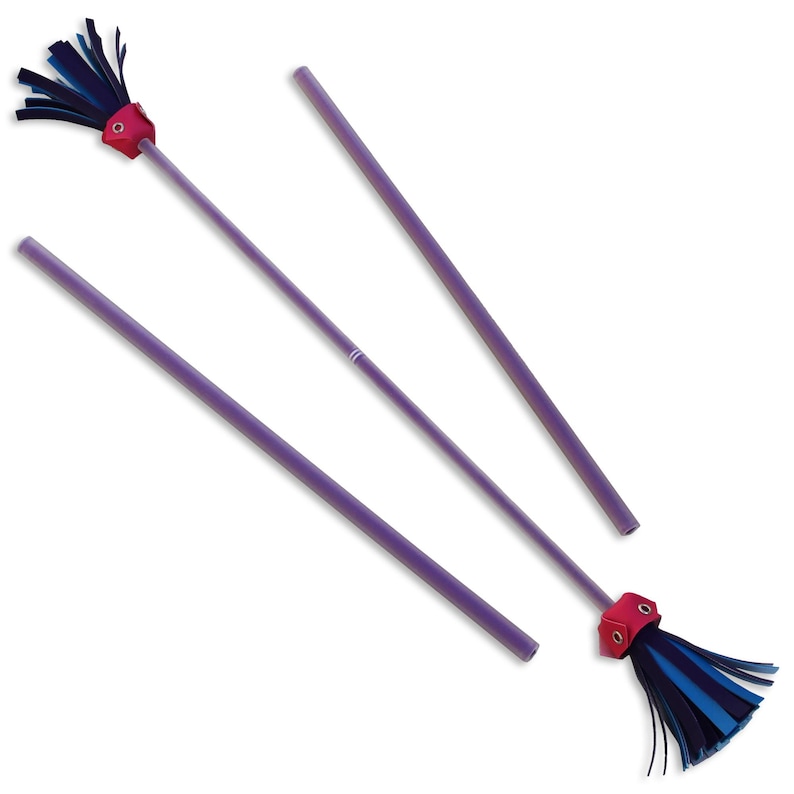 May include: Three purple wands with blue and black tassels on the ends. The tassels are made of fabric and have a red leather piece at the top.
